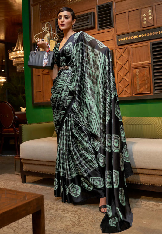 Black & Green Modal Silk Saree With Blouse Piece- Adi Akshoy & Co.