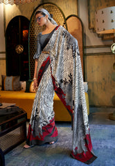 White Floral Modal Silk Saree With Blouse Piece- Adi Akshoy & Co.