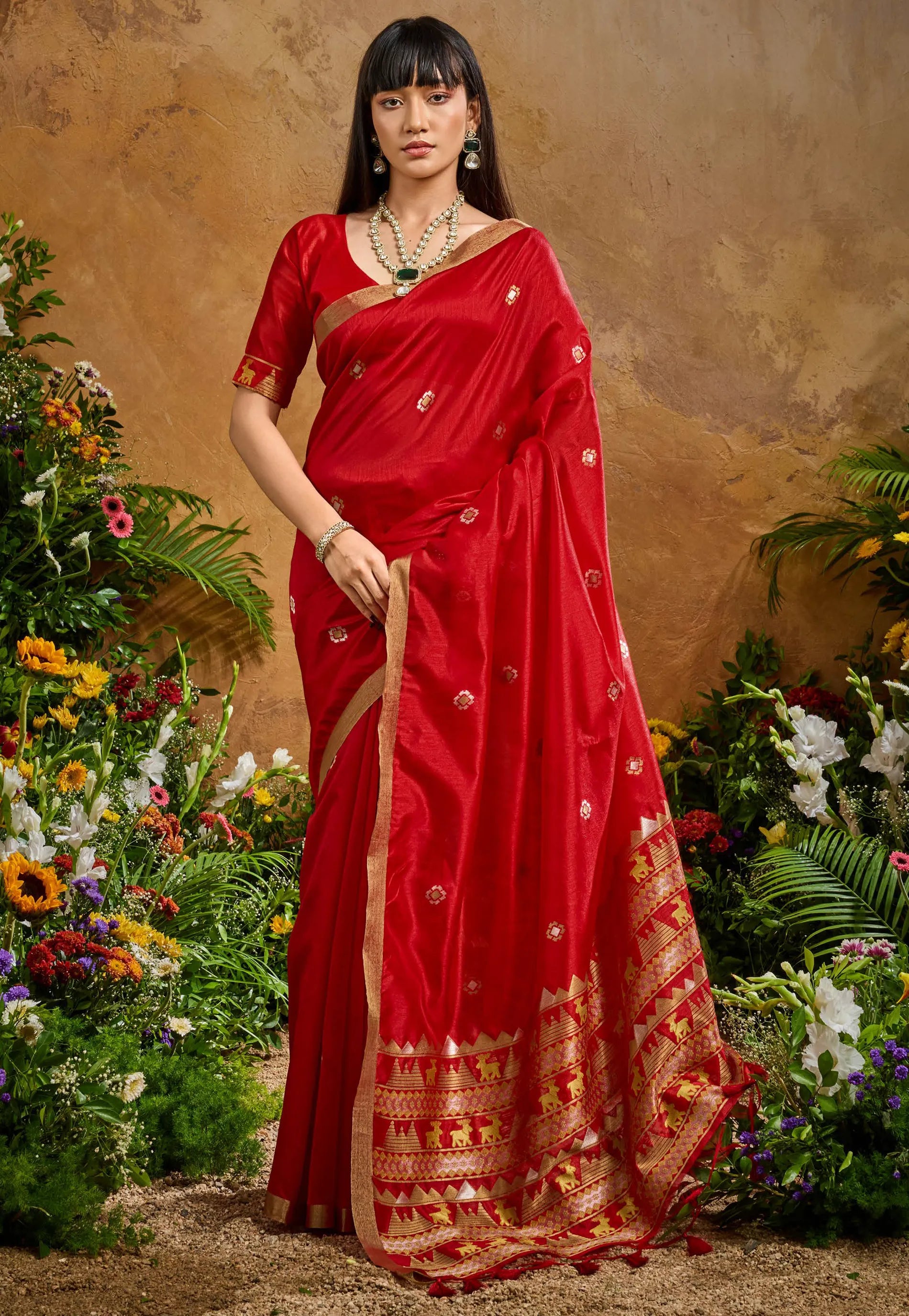 Red Tussar Silk Saree with Blouse Piece - Adi Akshoy & Co.