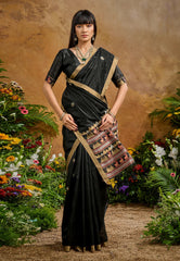 Black Tussar Silk Saree with Blouse Piece - Adi Akshoy & Co.