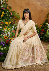 White Tussar Silk Saree with Blouse Piece - Adi Akshoy & Co.
