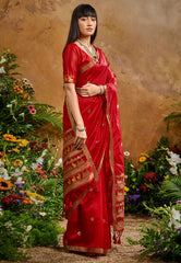 Red Tussar Silk Saree with Blouse Piece - Adi Akshoy & Co.