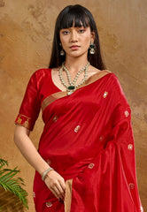 Red Tussar Silk Saree with Blouse Piece - Adi Akshoy & Co.