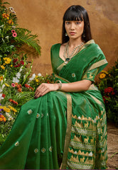Bottle Green Tussar Silk Saree with Blouse Piece - Adi Akshoy & Co.