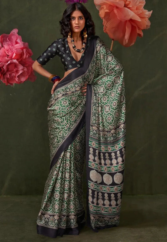 Bottle Green Ajrakh Print in Modal Silk Saree With Blouse Piece - Adi Akshoy & Co.