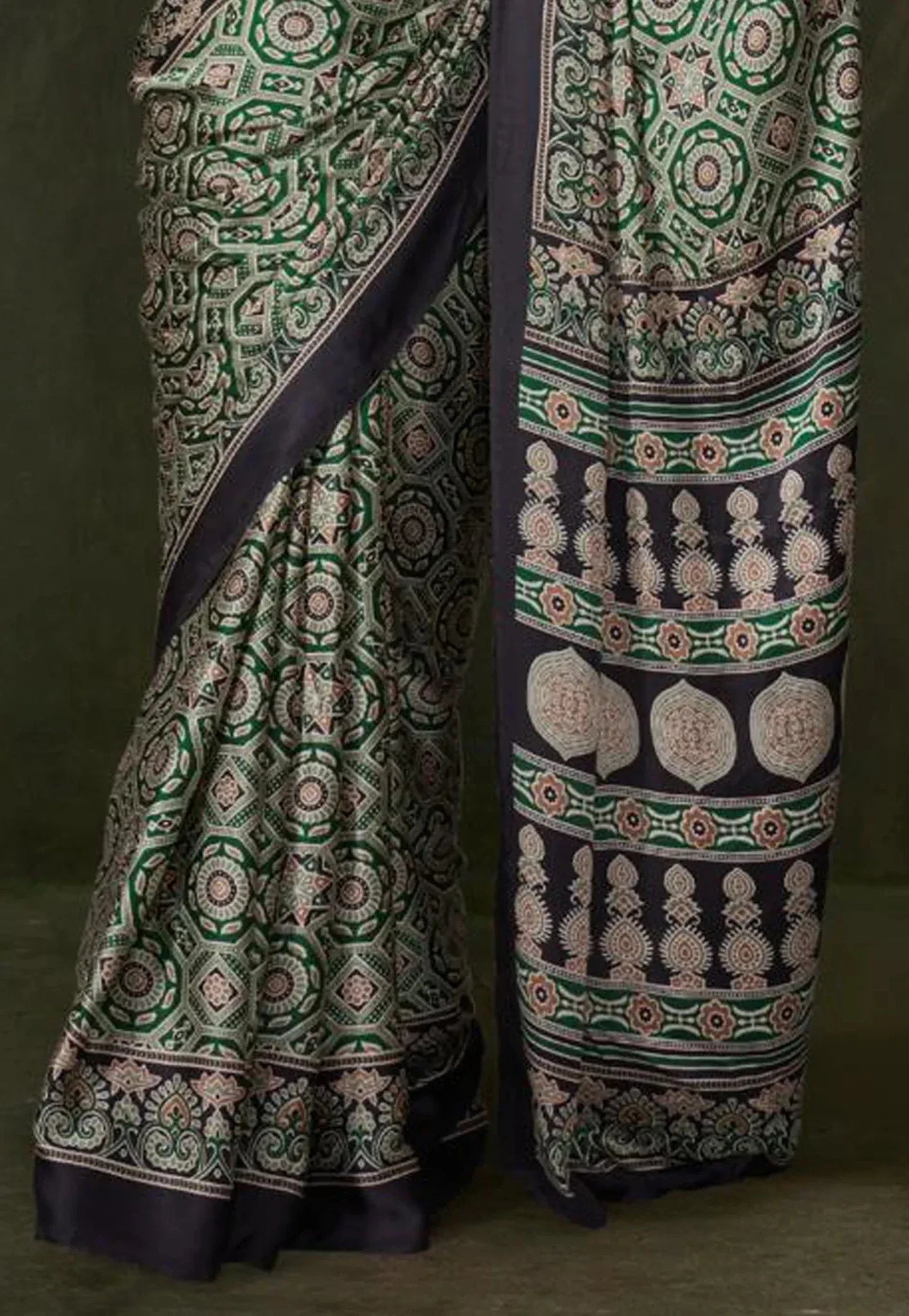 Bottle Green Ajrakh Print in Modal Silk Saree With Blouse Piece - Adi Akshoy & Co.