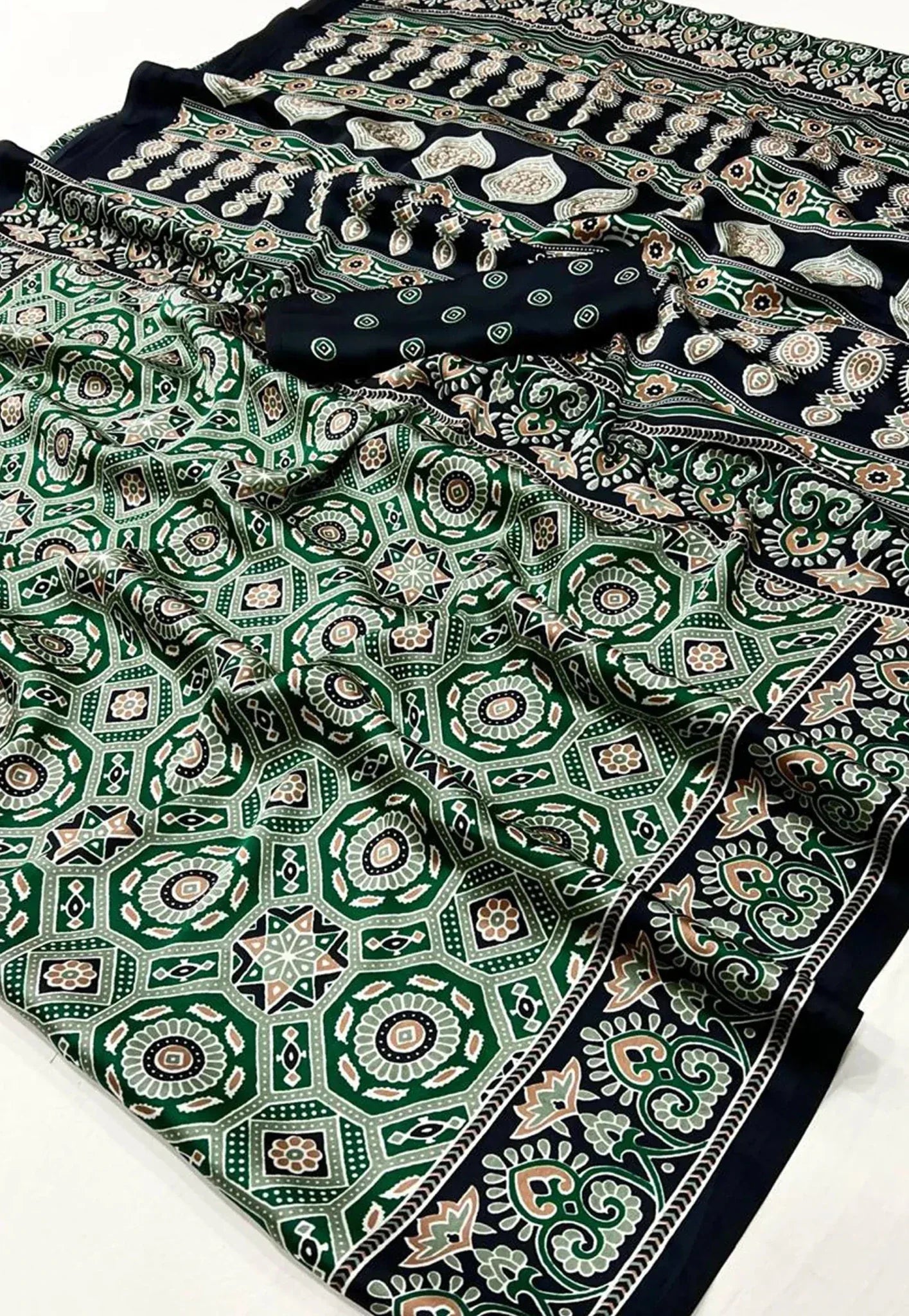Bottle Green Ajrakh Print in Modal Silk Saree With Blouse Piece - Adi Akshoy & Co.