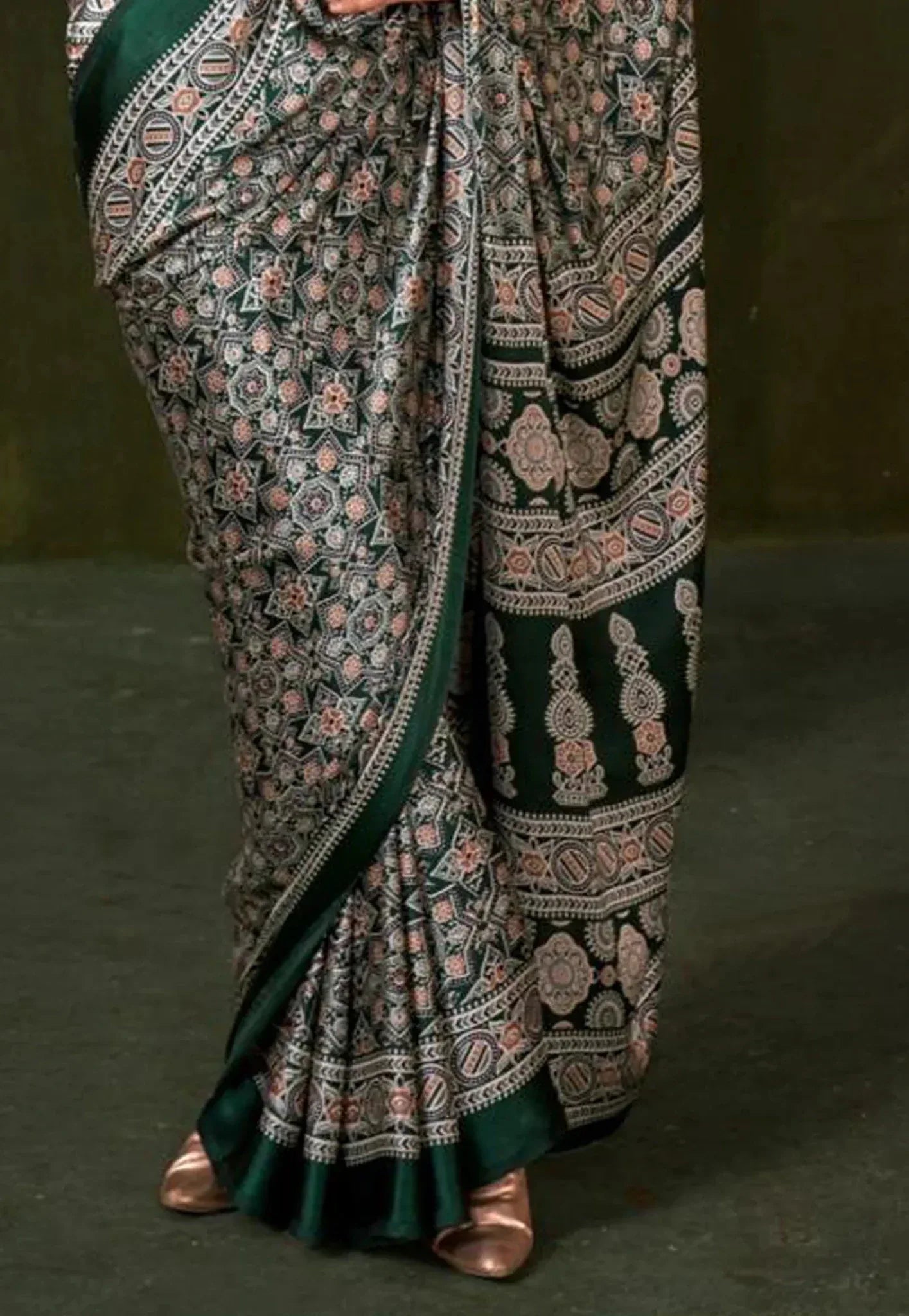 Bottle Green Ajrakh Print in Modal Silk Saree With Blouse Piece - Adi Akshoy & Co.