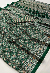 Bottle Green Ajrakh Print in Modal Silk Saree With Blouse Piece - Adi Akshoy & Co.