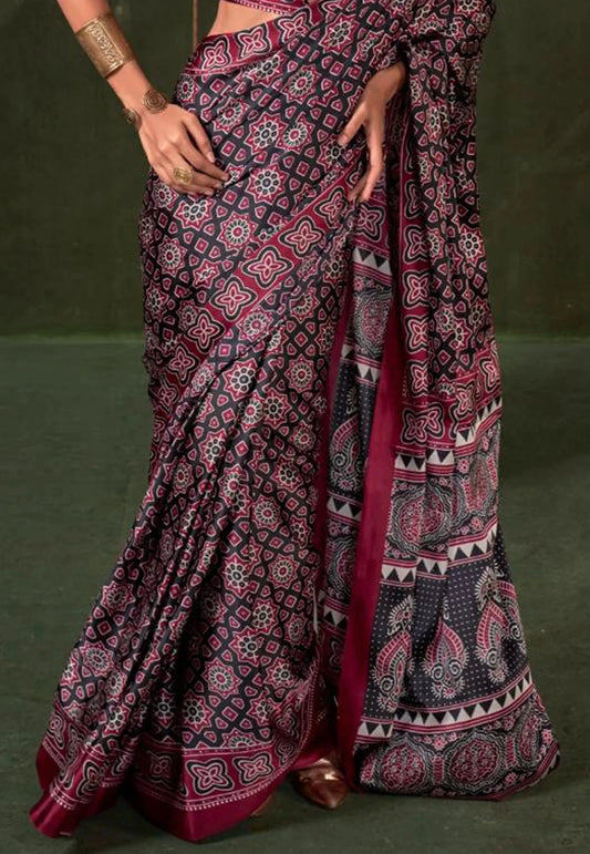 Black & Red Ajrakh Print in Modal Silk Saree With Blouse Piece - Adi Akshoy & Co.