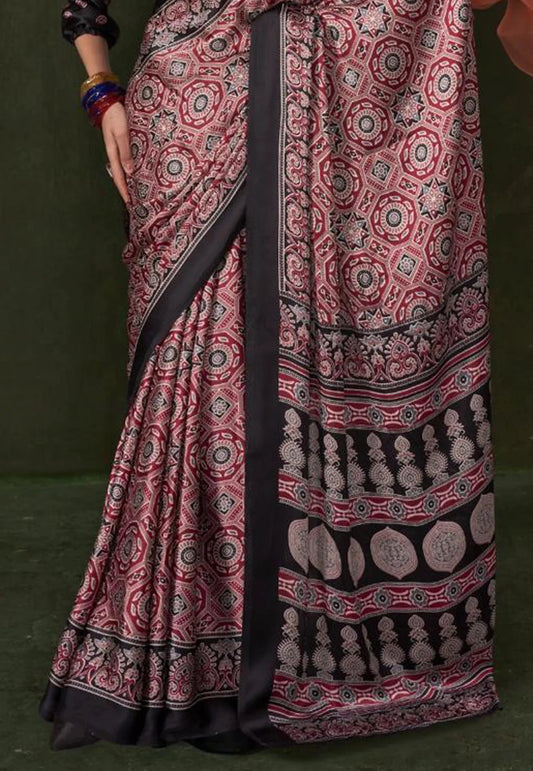 Black & Red Ajrakh Print in Modal Silk Saree With Blouse Piece - Adi Akshoy & Co.