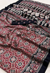 Black & Red Ajrakh Print in Modal Silk Saree With Blouse Piece - Adi Akshoy & Co.