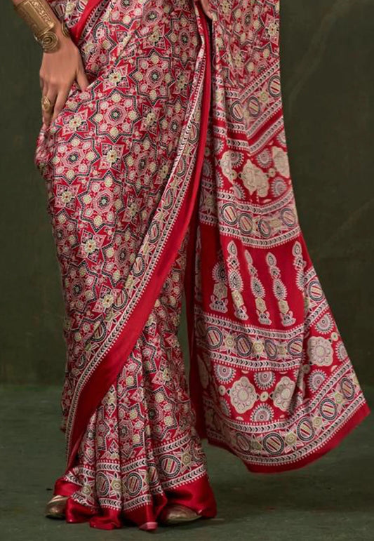 Red Ajrakh Print in Modal Silk Saree With Blouse Piece - Adi Akshoy & Co.