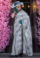White with Black stripe Ajrakh Print Modal Silk Saree with Blouse Piece - Adi Akshoy & Co.