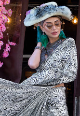 White with Black stripe Ajrakh Print Modal Silk Saree with Blouse Piece - Adi Akshoy & Co.