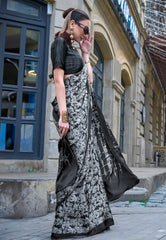Black with White Floral Ajrakh Print Modal Silk Saree With Blouse Piece - Adi Akshoy & Co.