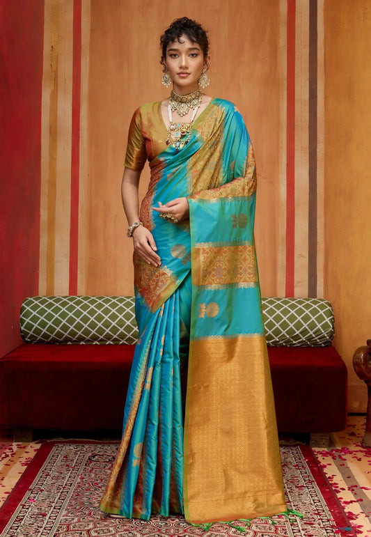 Turquoise Blue Kanjivaram Silk Saree with Blouse Piece - Adi Akshoy & Co.