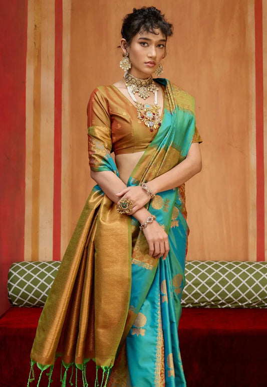 Turquoise Blue Kanjivaram Silk Saree with Blouse Piece - Adi Akshoy & Co.