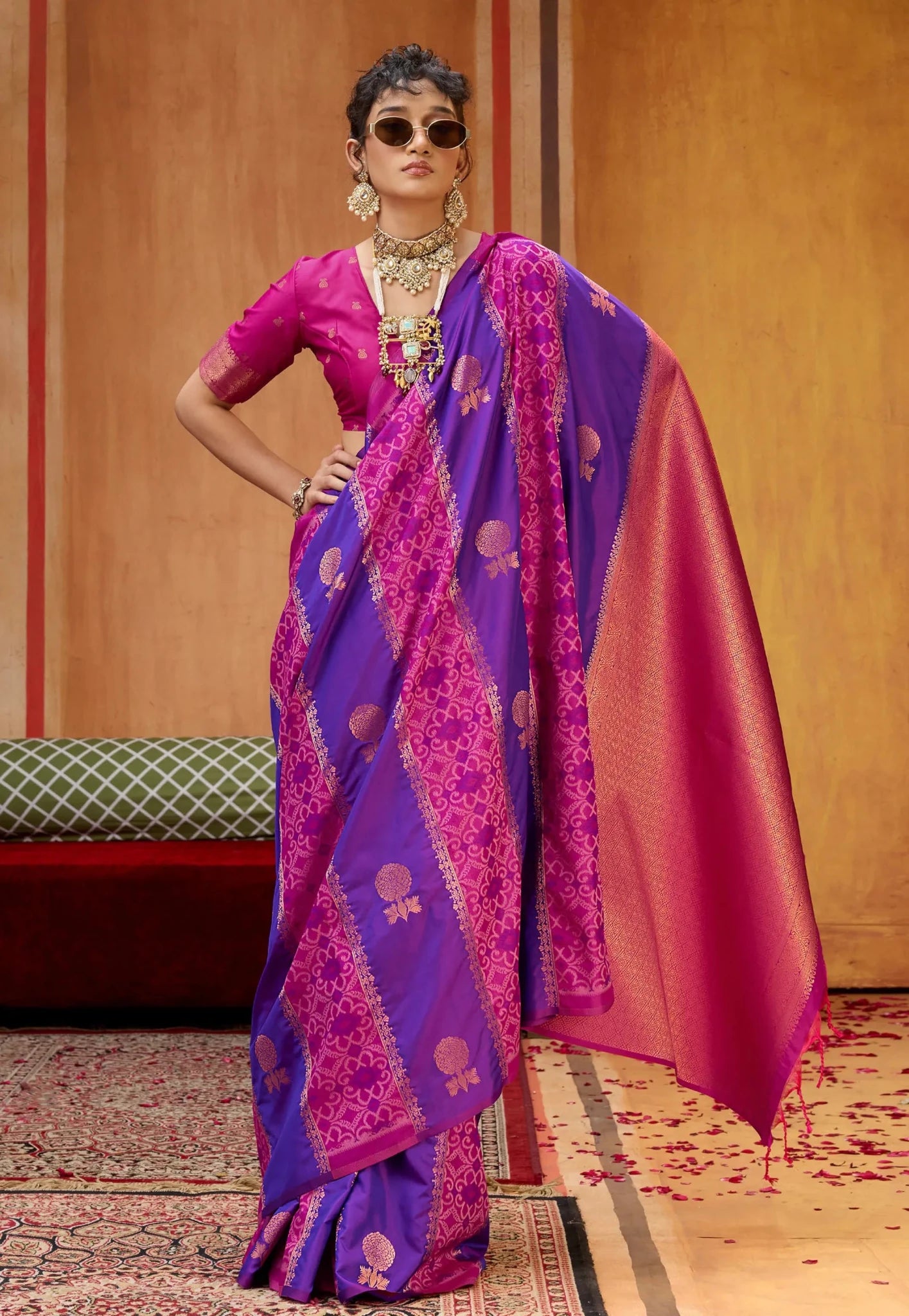 Purple Kanjivaram Silk Saree With Blouse Piece - Adi Akshoy & Co.