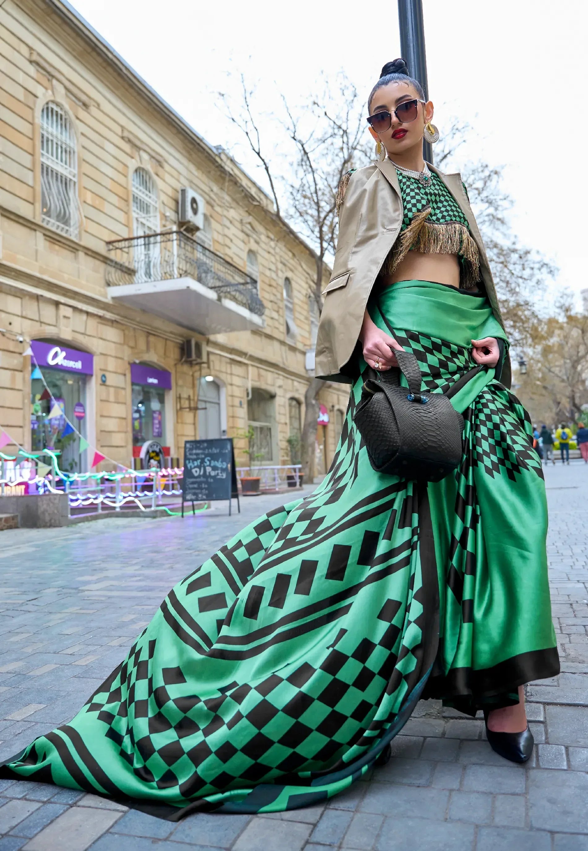 Bottle Green Modal Silk Saree With Blouse Piece- Adi Akshoy & Co.