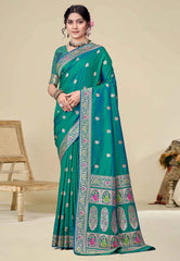 Bottle Green Baluchari Silk Saree with Blouse Piece - Adi Akshoy & co.