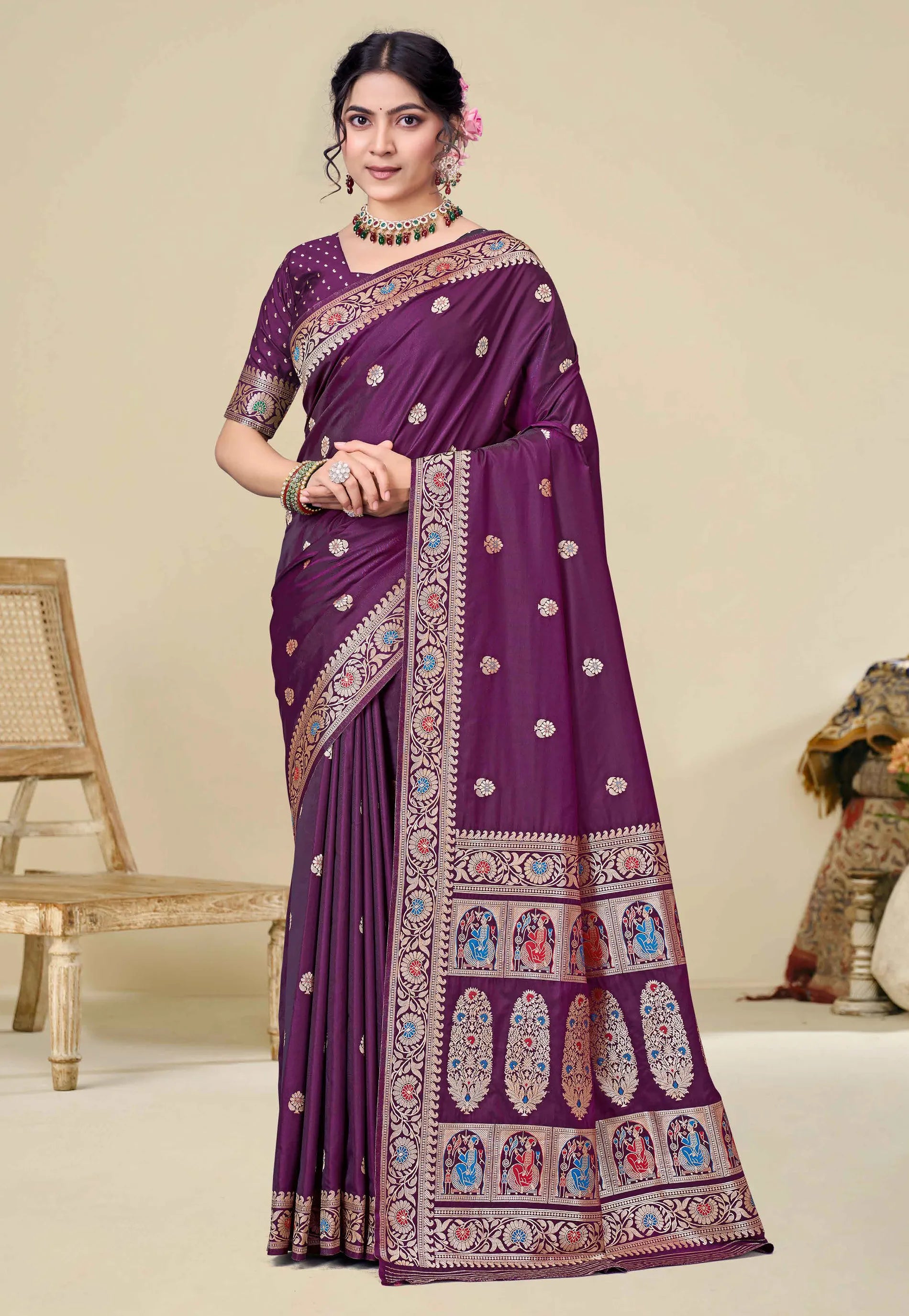 Magenta Baluchari Silk Saree with Blouse Piece - Adi Akshoy & Co.