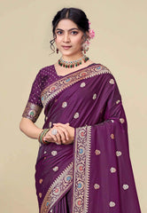 Magenta Baluchari Silk Saree with Blouse Piece - Adi Akshoy & Co.