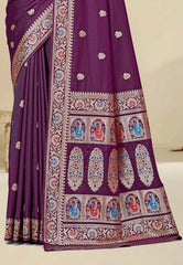 Magenta Baluchari Silk Saree with Blouse Piece - Adi Akshoy & Co.