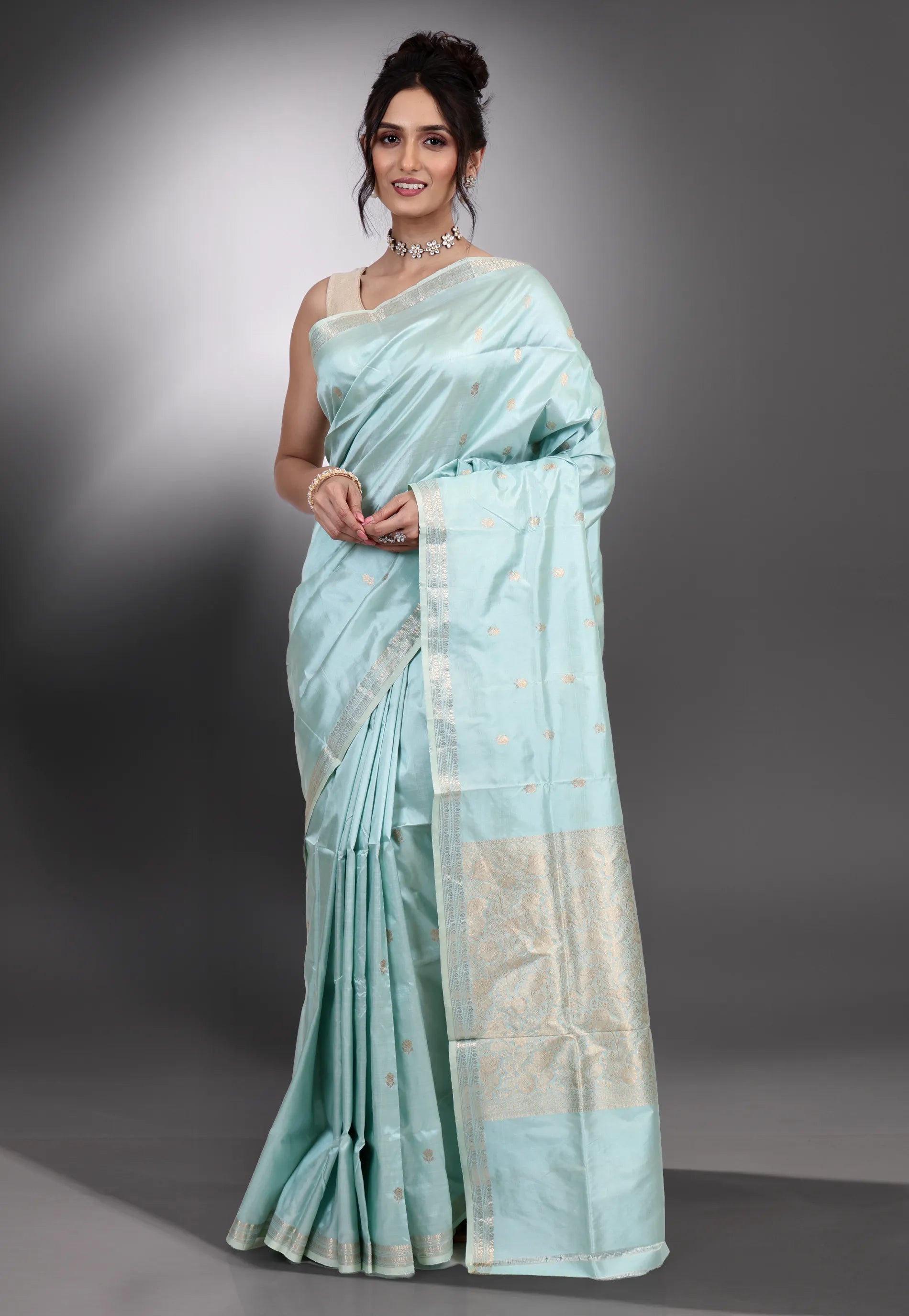 Light Firoza Blue Pure Katan Silk Saree with Blouse Piece - Adi Akshoy & Co.