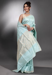 Light Firoza Blue Pure Katan Silk Saree with Blouse Piece - Adi Akshoy & Co.