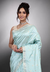 Light Firoza Blue Pure Katan Silk Saree with Blouse Piece - Adi Akshoy & Co.