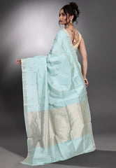 Light Firoza Blue Pure Katan Silk Saree with Blouse Piece - Adi Akshoy & Co.