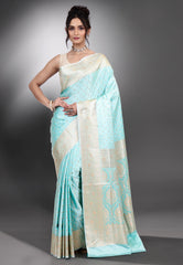 Light Firoza Blue Pastel Banarasi Saree With Blouse Piece - Adi Akshoy & Co.