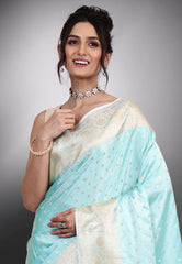 Light Firoza Blue Pastel Banarasi Saree With Blouse Piece - Adi Akshoy & Co.