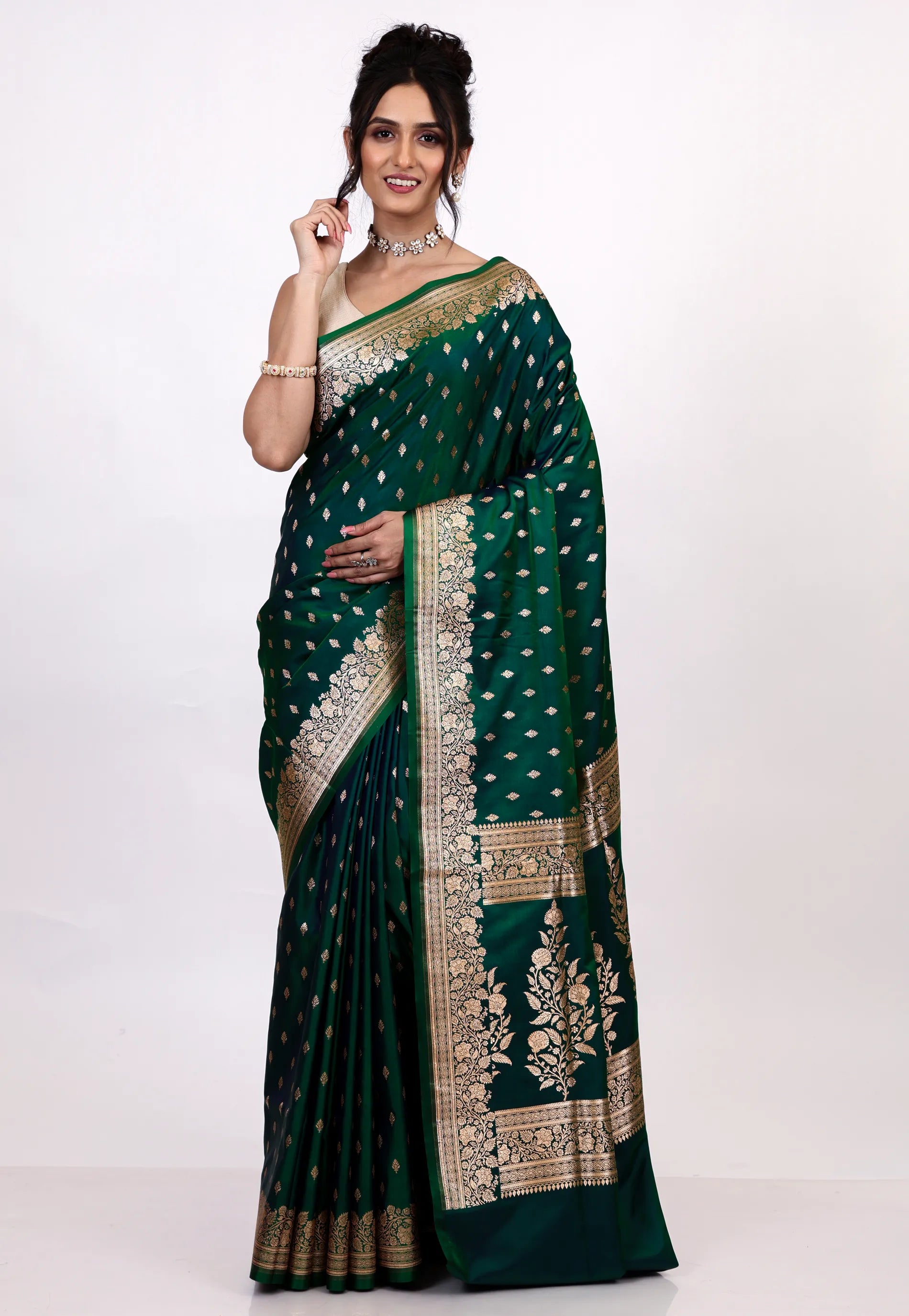 Bottle Green Wedding Banarasi Silk Saree with Blouse Piece - Adi Akshoy & Co.