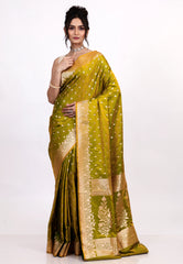 Olive Green Wedding Banarasi Silk Saree with Blouse Piece - Adi Akshoy & Co.