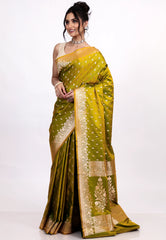 Olive Green Wedding Banarasi Silk Saree with Blouse Piece - Adi Akshoy & Co.