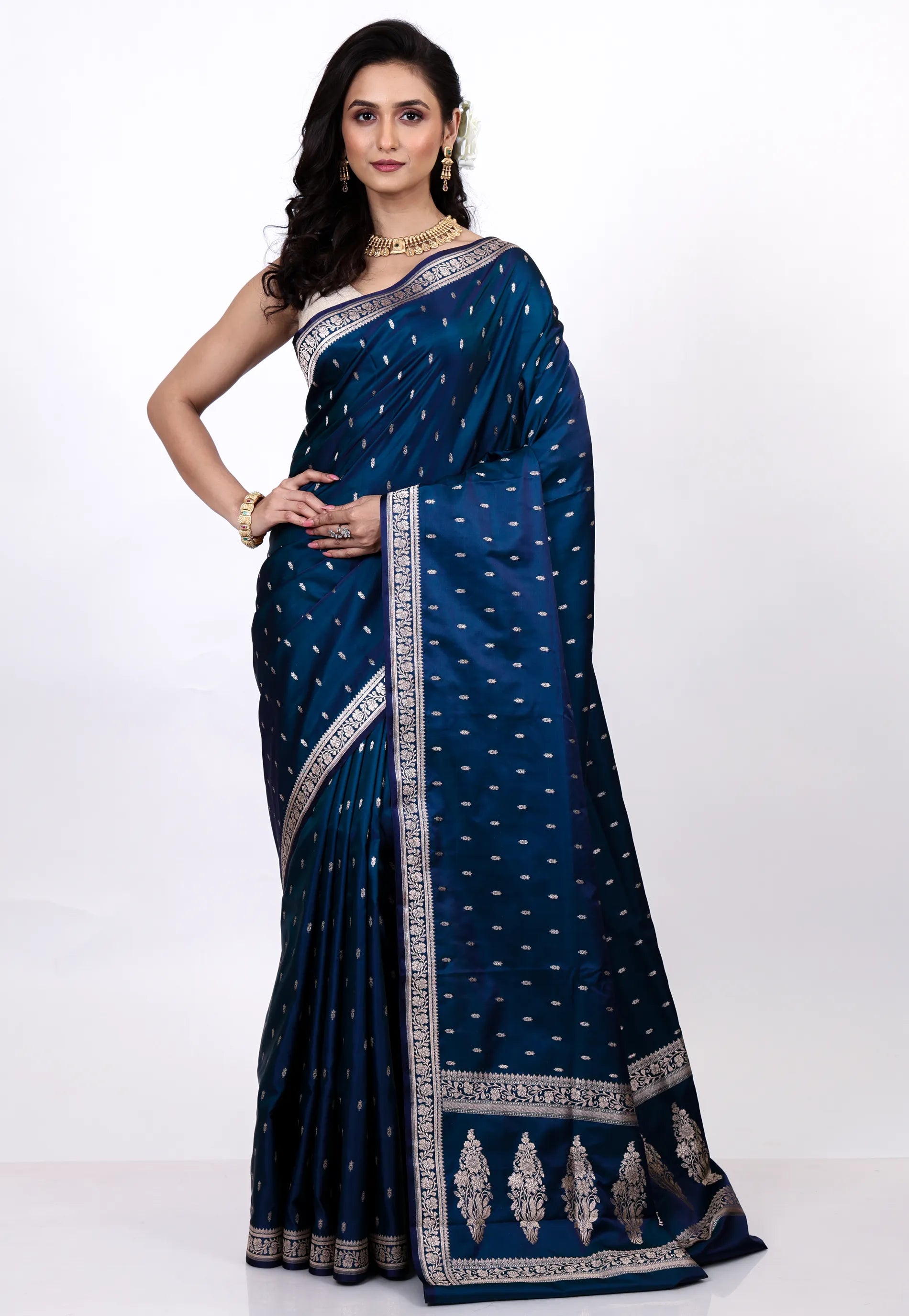 Peacock Blue Mashru Silk Saree with Blouse Piece - Adi Akshoy & Co.