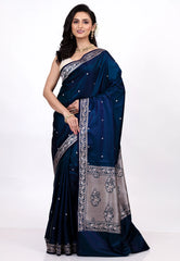 Navy Blue Mashru Silk Saree with Blouse Piece - Adi Akshoy & Co.