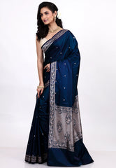 Navy Blue Mashru Silk Saree with Blouse Piece - Adi Akshoy & Co.
