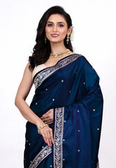 Navy Blue Mashru Silk Saree with Blouse Piece - Adi Akshoy & Co.
