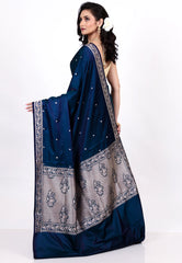 Navy Blue Mashru Silk Saree with Blouse Piece - Adi Akshoy & Co.