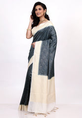 Indigo Blue Tussar Silk Saree with Blouse Piece - Adi Akshoy & Co.