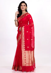 Red Pure Kora Silk Saree with Blouse Piece - Adi Akshoy & Co.