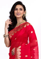 Red Pure Kora Silk Saree with Blouse Piece - Adi Akshoy & Co.
