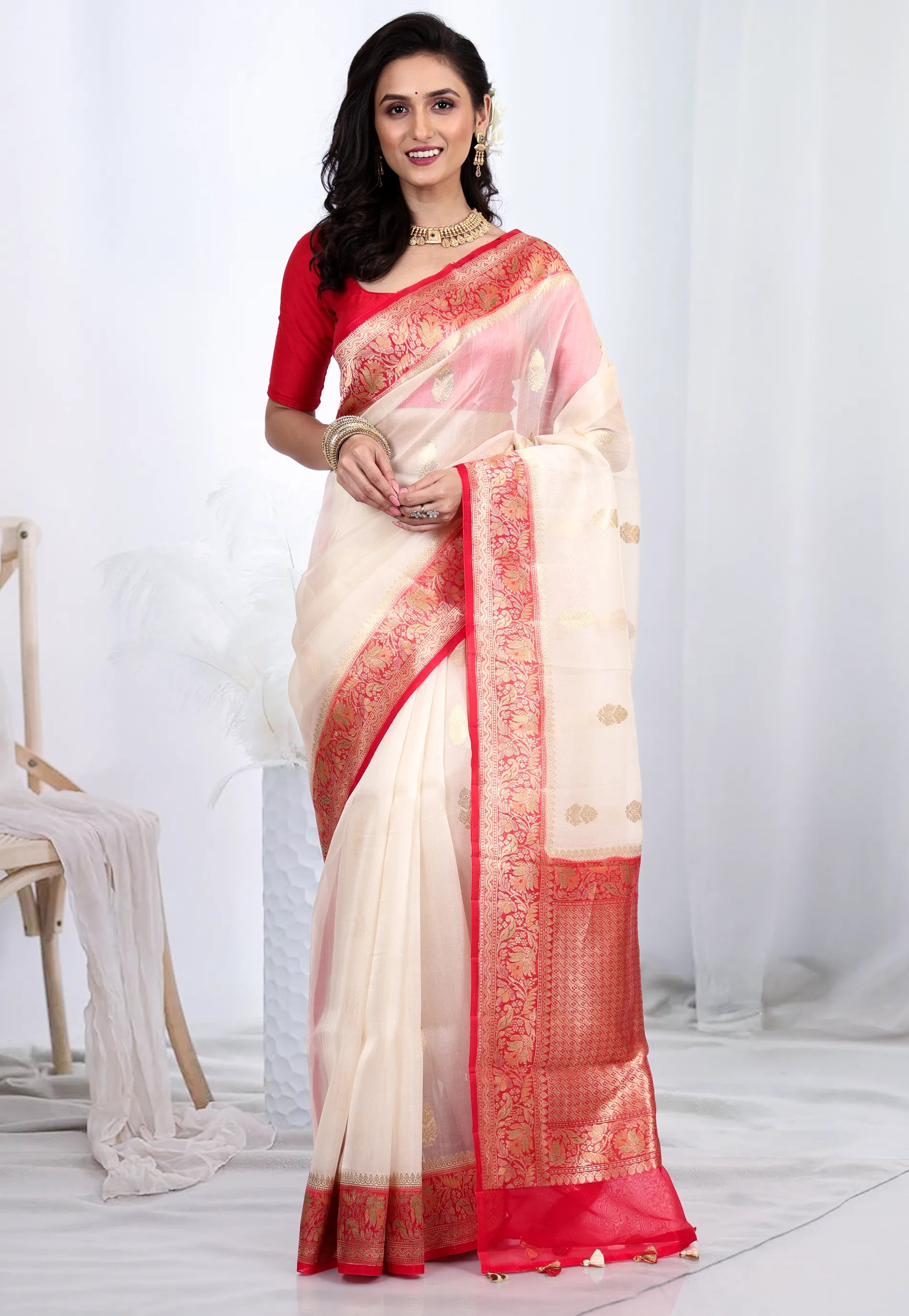 Cream Pure Kora Silk Saree with Blouse Piece - Adi Akshoy & Co.