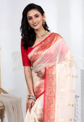 Cream Pure Kora Silk Saree with Blouse Piece - Adi Akshoy & Co.