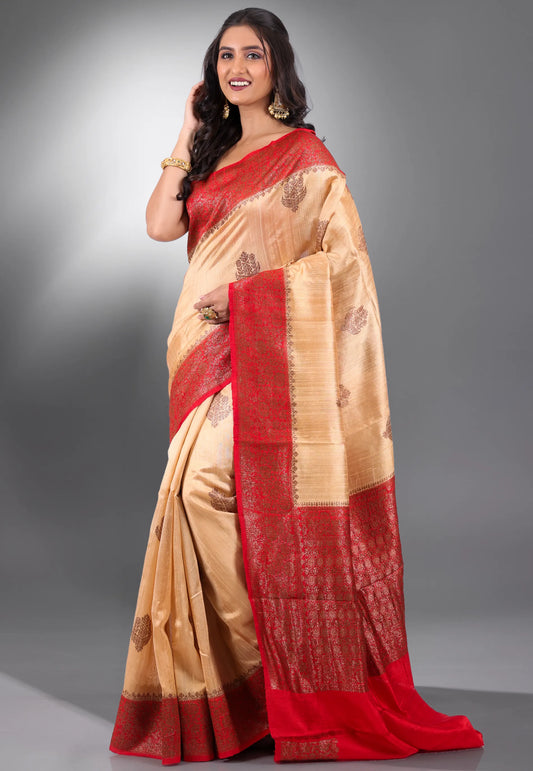 Tussar Colour with Red Border Pure Tussar with Blouse Piece - Adi Akshoy & Co.