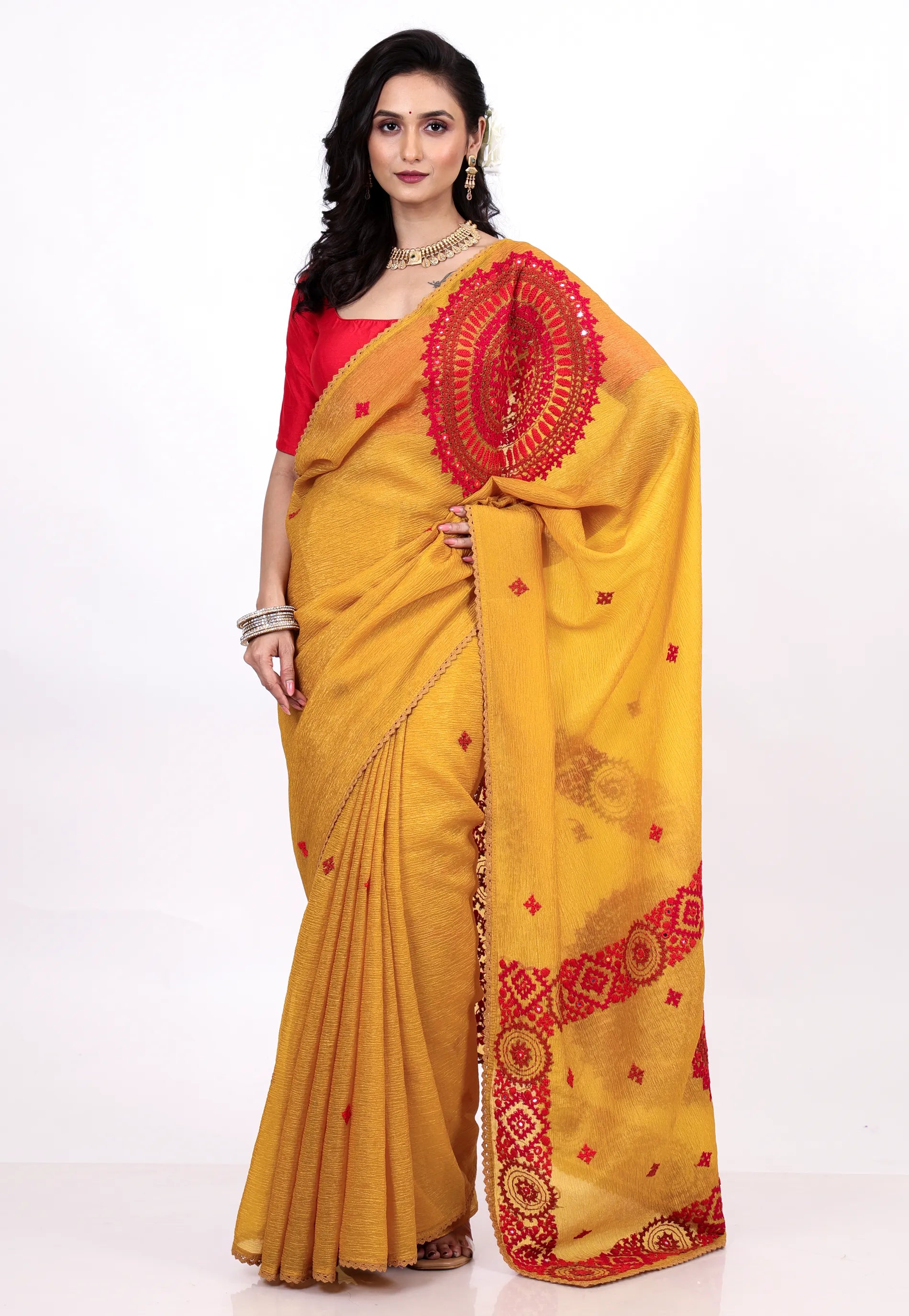 Mustard Yellow Crush Tissue Kantha Silk Saree With Blouse Piece - Adi Akshoy & co.