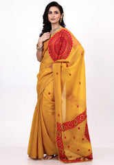 Mustard Yellow Crush Tissue Kantha Silk Saree With Blouse Piece - Adi Akshoy & co.
